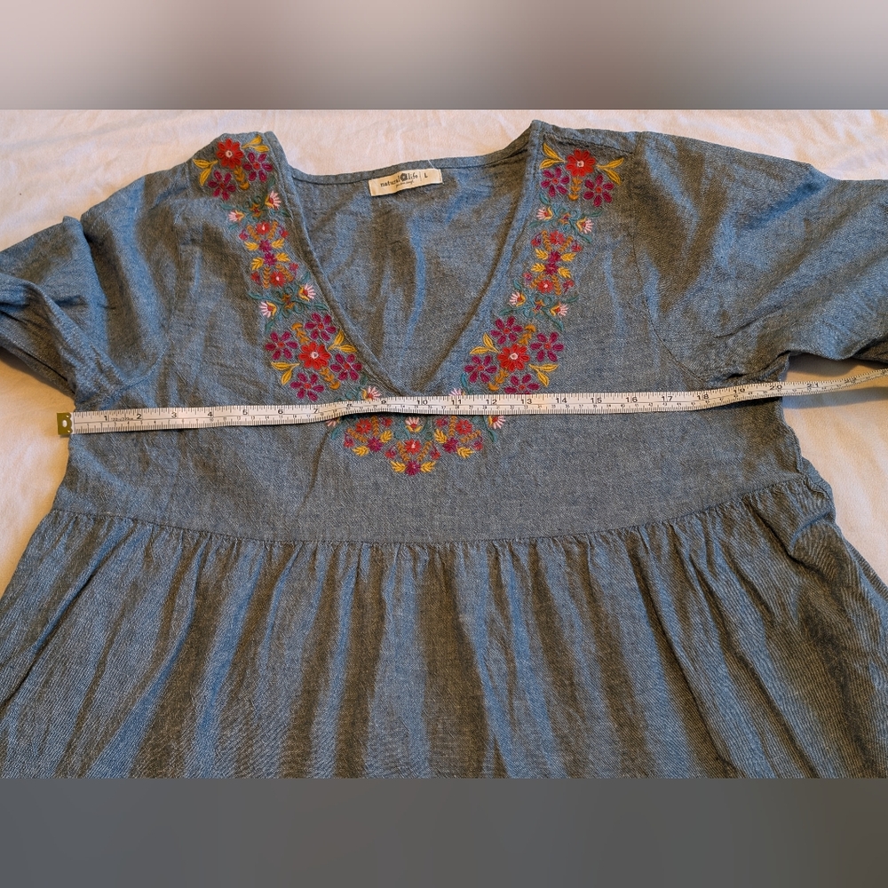Natural Life Tiered  Chambray Linen Cotton Mini Dress Size L Embroidered - Picture 8 of 9